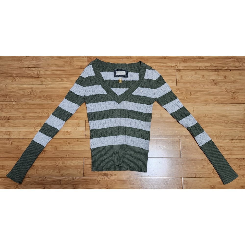 Y2K American Eagle Striped Sweater Womens M Green Gray Elena Gilbert Cable Knit